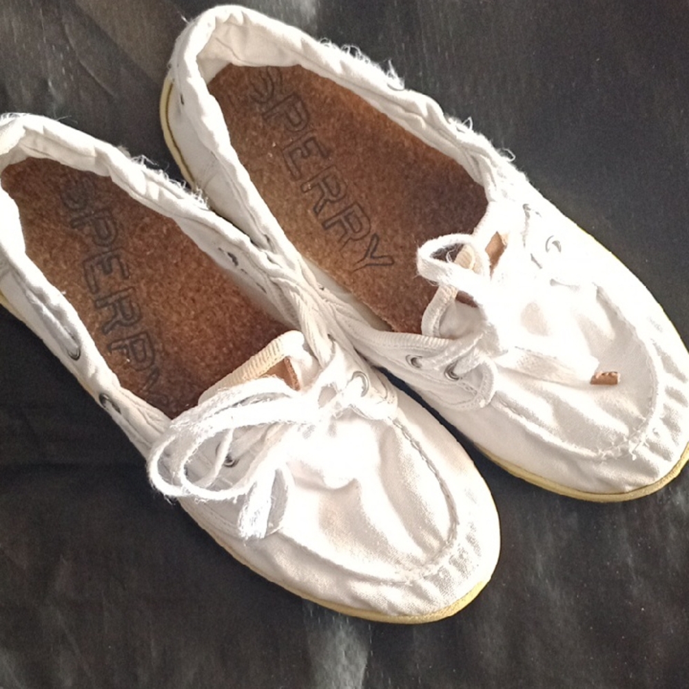 Sperry Women's White Canvas Lace-Up Boat Flats